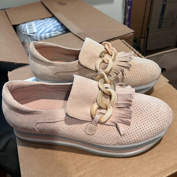 Coconuts by Matisse Blush Suede Loafers with Fringe and Chain - Picture 2 of 11